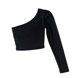 Womens Black One Shoulder Ribbed Long Sleeve Puff Shoulder Crop Top Slim Fit